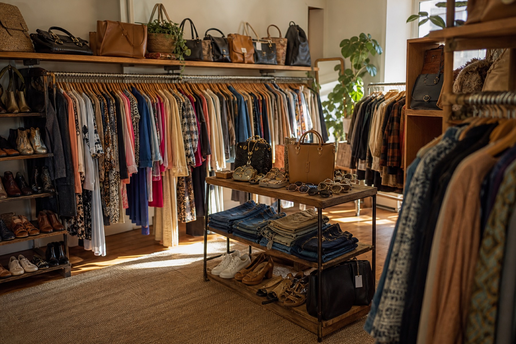 Consignment shop inventory on racks